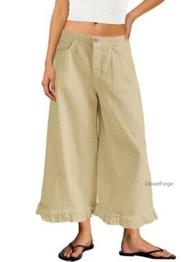 Wide Leg Cropped Jeans Ruffle Hem Raw Edge Five Pocket Mid Rise Denim